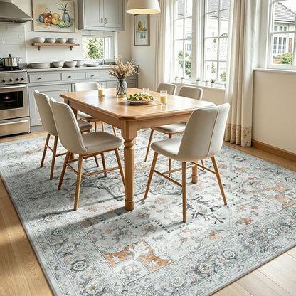 Lofus 5x7 Washable Rugs Non-Slip, Vintage Floral Area Rug for Living Room Bedroom Dining Room Kitchen, Low Pile Distress Print Carpet Home Decor Rug, Octagram Medallion Grey Beige