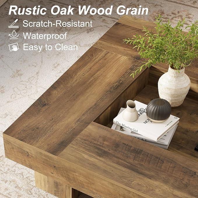 LVB Coffee Table, Modern Wood Led Living Room Table with Storage, Farmhouse Large Square Center Table with LED Light, Unique Wide Low Tea Table for Living Room Home Office, 39.37 Inch, Rustic Oak