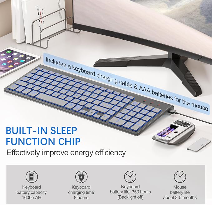 Wireless Backlit Keyboard and Mouse Ultra Slim Combo, TopMate 2.4G Silent Compact 2400DPI Mouse and Scissor Switch Keyboard Set, Batteries Included, for PC/Laptop/Windows/Mac/Gaming - BL Gray Silver