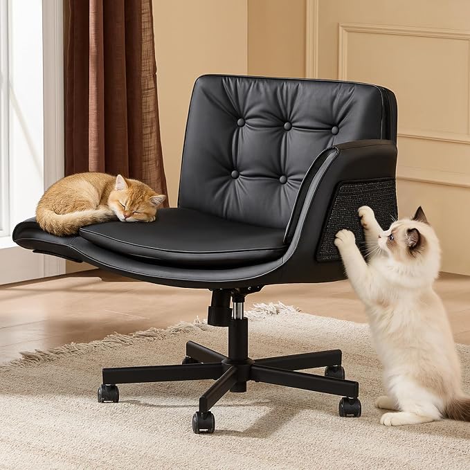 amseatec Criss Cross Chair with Natural Sisal Cat Scratch Pad, 5-Gear Adjustable Armrests, 360° Silent Casters,pet-Friendly Office, Gaming, Leisure, and Make up Vantiy Desk Chair(Black)