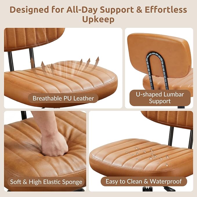 Swivel Rolling Office Chair, Armless Pu Leather Vanity Chair with Back Lumbar Support Height Adjustable Computer Chair, Small Desk Chair for Home Office, Brown