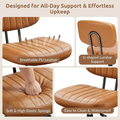 Swivel Rolling Office Chair, Armless Pu Leather Vanity Chair with Back Lumbar Support Height Adjustable Computer Chair, Small Desk Chair for Home Office, Brown