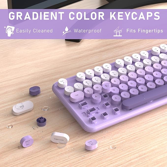 Links9+ Wireless Keyboard and Mouse, Full-Size Retro Typewriter Keyboard with Round Keycaps, 2.4GHz for Windows, Mac, Laptop, PC, Desktop (Purple Gradient)
