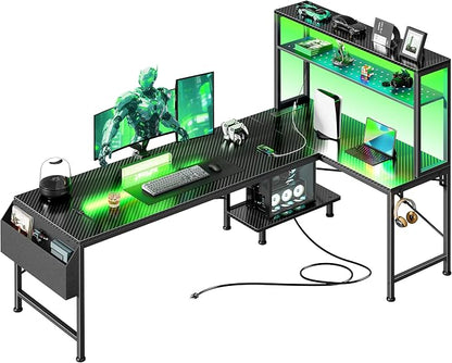 PRAISUN L Shaped Gaming Desk with LED Lights & Power Outlets, Reversible Computer Desk with Storage Shelves & Bag, Large Corner Home Office Desk with Pegboard for Work from Home, Carbon Fiber Black