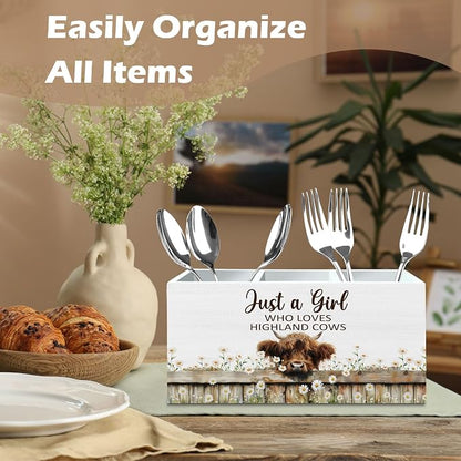 DILSJ Highland Cow Decor Pen Pencil Holder Organizer for Desk, Highland Cow Gifts for Women, Just a Girl Who Loves Cows Wooden Box Signs for Home Office Desk Tabletop Decoration