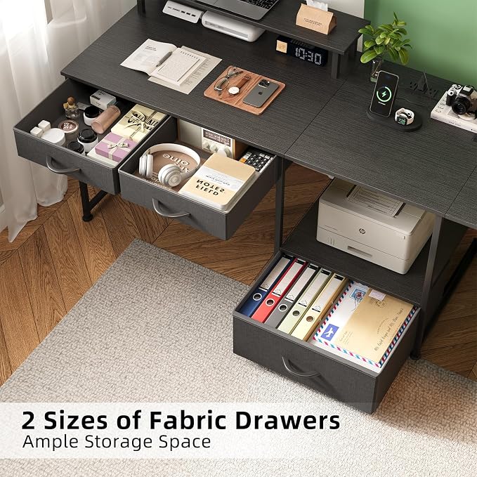 L Shaped Computer Desk, 78.7" Reversible Home Office Desk with Printer Storage Shelf & 3 Fabric Drawers, Two Person Desk with LED Lights & Power Outlet, Corner Gaming Desk with Monitor Shelf, Black