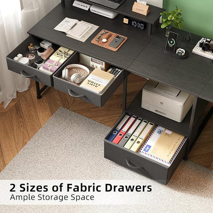 L Shaped Computer Desk, 78.7" Reversible Home Office Desk with Printer Storage Shelf & 3 Fabric Drawers, Two Person Desk with LED Lights & Power Outlet, Corner Gaming Desk with Monitor Shelf, Black