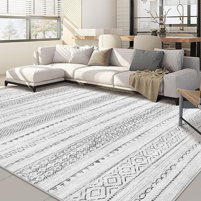 Nakagishi 7x10 Area Rug Living Room: Washable Boho Large Neutral Modern Soft Farmhouse Rugs Stain Resistant Indoor Floor Non-Slip Carpet for Bedroom Nursery Kids Playroom Office Dining Room- Grey
