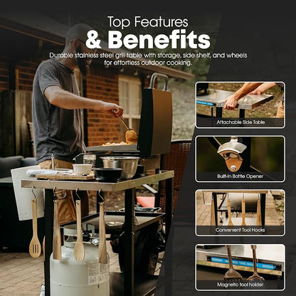 GasOne Stainless Steel Grill Table – 44 x 20-inch Rolling Grill Cart – Multifunctional Outdoor Side Table with Side Shelf, Trash Bag Hanger, Tool Holder – Ideal for Food Prep, Pizza Oven, Griddle