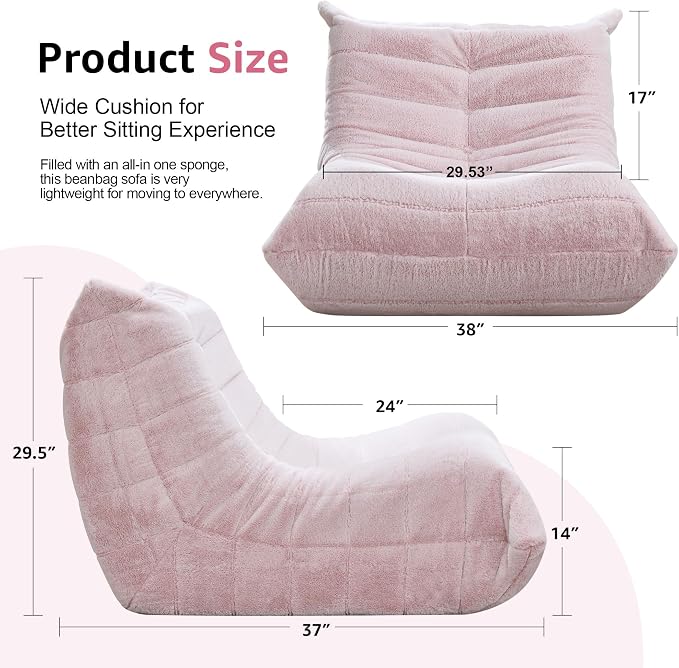 Hobestluk Adults Bean Bag Chair Faux Fur BeanBag Couch for Living Room | Pink Plush,Ergonomic Design,Memory Foam,UltraSoft,Anti-slip Bottom,No Assembly Required,Decorative Style for Living Room