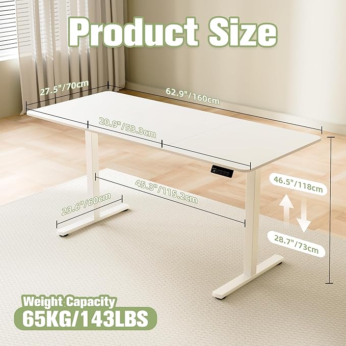 ERGOMAKER 63" Electric Standing Desk, Adjustable Height, Sit Stand Up Desk for Home Office & Computer Workstations, Memory Controller, White