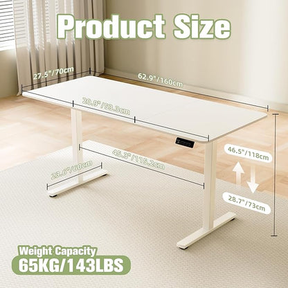ERGOMAKER 63" Electric Standing Desk, Adjustable Height, Sit Stand Up Desk for Home Office & Computer Workstations, Memory Controller, White