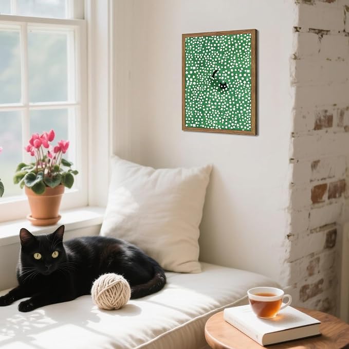 Framed Floral Black Cat Canvas Wall Art, Cute Black Cat in Daisy Field Painting, Animal Poster Print, Modern Home Aesthetic Wall Decor, Flowers Canvas Artwork for Bedroom Living Room 8x10 inch