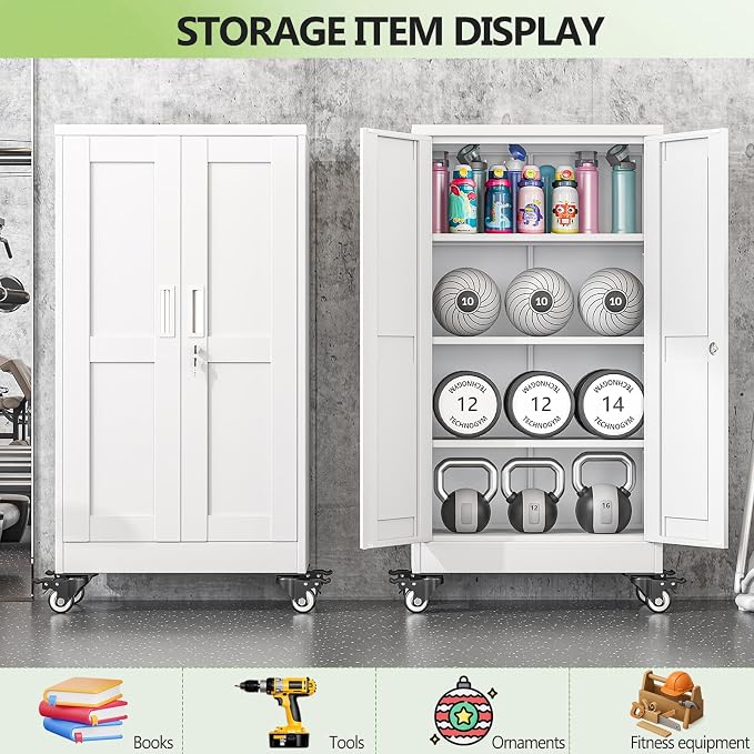 Metal Garage Storage Cabinets and storage system, 46”Tall Rolling utility cabinet with Wheels, Lock, 3 Adjustable Shelves, Heavy Duty Steel Tool Locker for Home Office, Utility Room, Gym,White