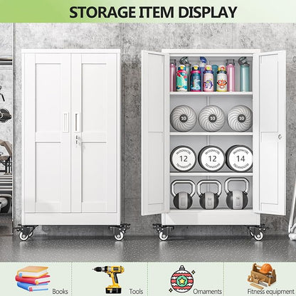 Metal Garage Storage Cabinets and storage system, 46”Tall Rolling utility cabinet with Wheels, Lock, 3 Adjustable Shelves, Heavy Duty Steel Tool Locker for Home Office, Utility Room, Gym,White