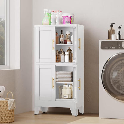 47“H White Metal Bathroom Storage Cabinet, Kitchen Pantry Cabinet with Doors and 3 Adjustable Shelves, Bathroom cabinets Organizer, for Home Office, Bedroom