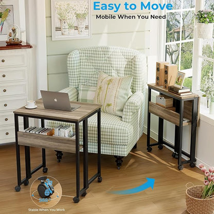 GreenForest Folding Desk with Wheels, 24.8 Inch Compact Rolling Computer Table with Storage Shelf, Portable Mobile Workstation for Small Spaces, Easy Assembly,Grey Wash