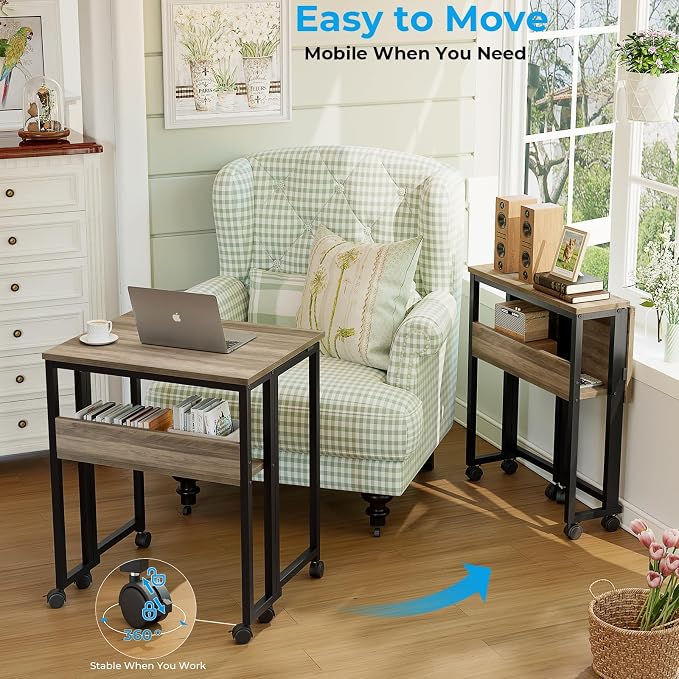 GreenForest Folding Desk with Wheels, 31.5 Inch Compact Rolling Computer Table with Storage Shelf, Portable Mobile Workstation for Small Spaces, Easy Assembly, Grey Wash