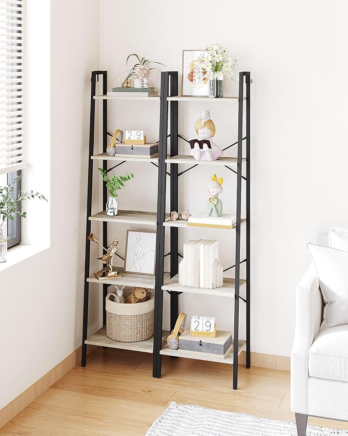 Hzuaneri Ladder Shelf, Bookshelf Bookcase, Freestanding Corner Storage Shelve with 2 Hooks for Home Office, Living Room, Kitchen, Bedroom, Industrial, 11.8" D x 17.3" W x 63" H, Greige BC19205B