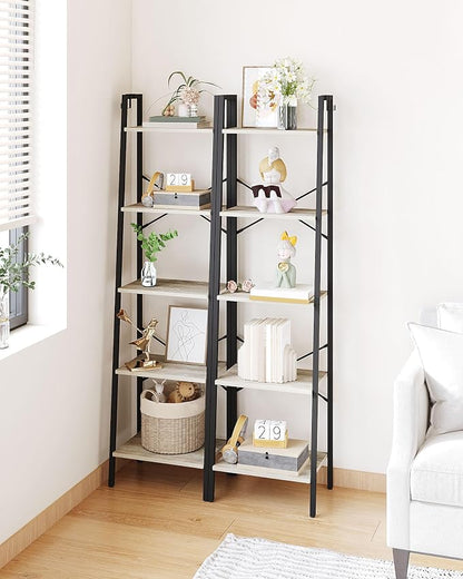 Hzuaneri Ladder Shelf, Bookshelf Bookcase, Freestanding Corner Storage Shelve with 2 Hooks for Home Office, Living Room, Kitchen, Bedroom, Industrial, 11.8" D x 17.3" W x 63" H, Greige BC19205B
