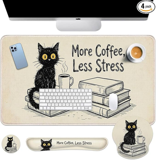 Britimes Black Cat Coffee Keyboard Mouse Pad Set Vintage Funny Book 4in1 Large Mousepad+Keyboard Wrist Rest+Mouse Wrist Rest+Coaster Ergonomic Design for Home Office Computer 35.4x15.7 inches