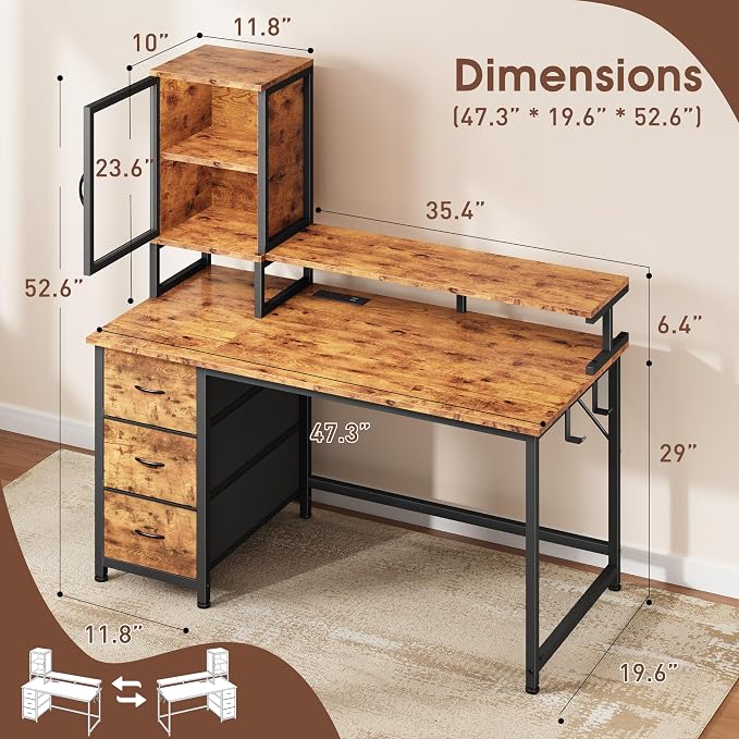 DurayLoly Computer Desk, 47" Desk with Cabinet to Display & RGB Light, Home Office Desks with 3 Drawers for Small Space, 2 AC Power Outlets and 2 Ports, Monitor Stand for Student Bedroom, Brown