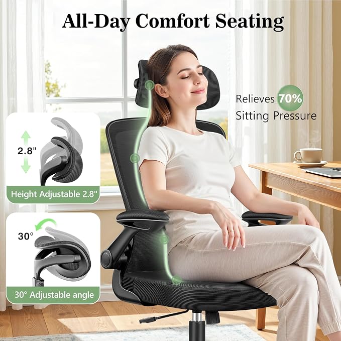 BESTFAIR Office Chair Ergonomic Desk Chair, Breathable Mesh Office Chairs with Adjustable Lumbar Support, Flip-Up Arms, Computer Desk Chair Comfy for Home Office, 4 Pack