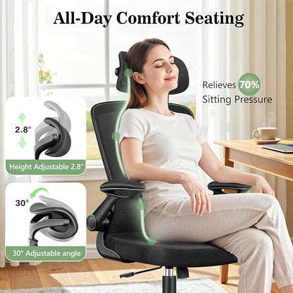 BESTFAIR Office Chair Ergonomic Desk Chair, Breathable Mesh Office Chairs with Adjustable Lumbar Support, Flip-Up Arms, Computer Desk Chair Comfy for Home Office, 4 Pack