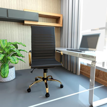 LeisureMod Harris High-Back Task Office Chair - Modern Leather Upholstery with Gold Frame, Ribbed Design 360 Degree Adjustable Swivel for Home, Office, and Study Room