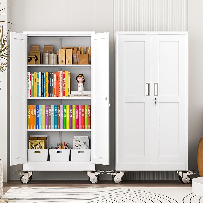 winiowa 61" Tall Metal Garage Storage Cabinet with Wheels, Steel Locking Rolling Tool Cabinet with 3 Adjustable Shelves for Garage,Home,Office (White)