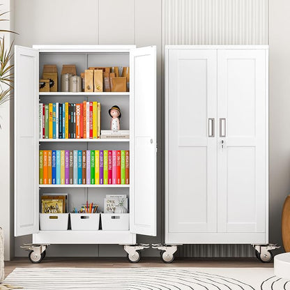 winiowa 61" Tall Metal Garage Storage Cabinet with Wheels, Steel Locking Rolling Tool Cabinet with 3 Adjustable Shelves for Garage,Home,Office (White)