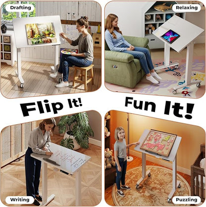 32inch Glass Standing Desk，90° Tiltable Mobile Rising Desk Height Adjustable，Whole Piece Rolling Sit Stand Table with Wheels，Foldable Small Laptop Desk，White