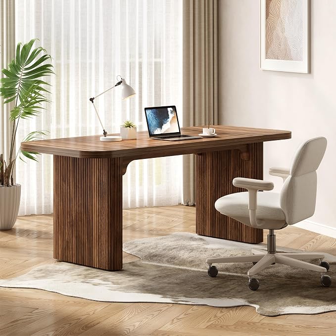 LITTLE TREE 62-Inch Computer Desk, Large Simple Writing Desk with Fluted Doube Pedestal, Modern Home Office Desk, Wooden 5 Ft Small Conference Meeting Seminar Table, Dark Walnut