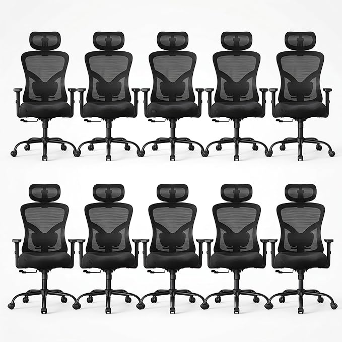 NOBLEWELL Ergonomic Office Chair with Padded Lumbar Support, 2D Headrest, Adjustable Armrests, Upgraded Contoured Seat Cushion, 130° Rocking Tilt, Computer Gaming Chair for Home Office, Pack of 10