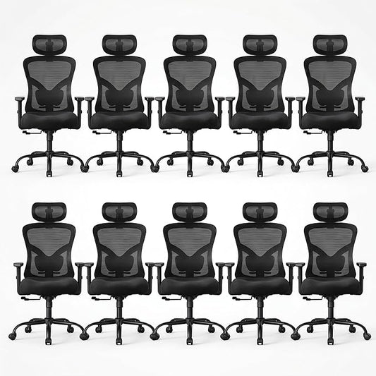 NOBLEWELL Ergonomic Office Chair with Padded Lumbar Support, 2D Headrest, Adjustable Armrests, Upgraded Contoured Seat Cushion, 130° Rocking Tilt, Computer Gaming Chair for Home Office, Pack of 10