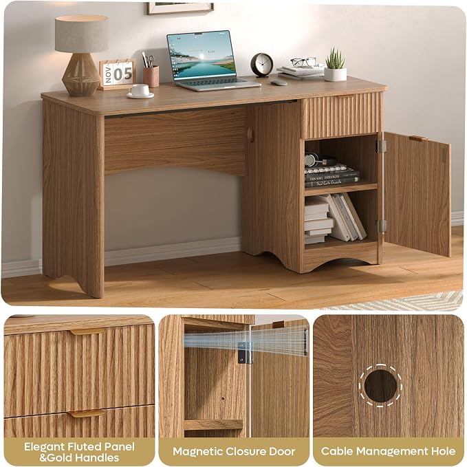 Bestier Computer Desk with Drawer, 47 inch Office Desk with Storage Cabinet, Modern Wood Desk Adjustable Shelves for Home Office Bedroom Study, Brown Oak