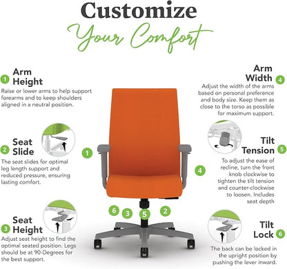HON Ignition 2.0 Ergonomic Office Chair with Adjustable Arms, Standard Synchro‑Tilt Recline, Upholstered Desk and Computer Chair for Home Office or Workstation, Titanium Frame, Apricot