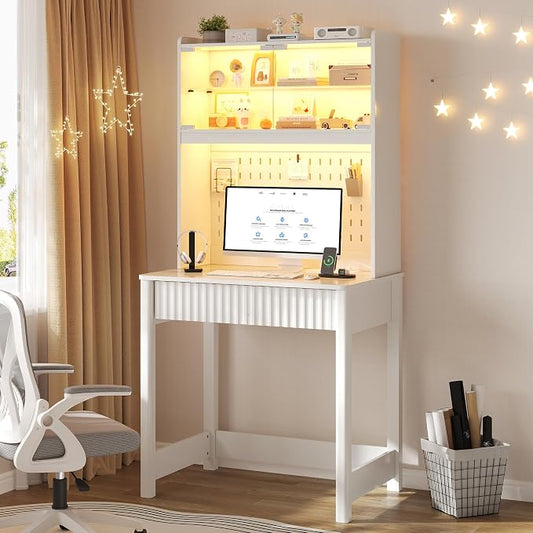 Lvifur Small Writing Desk with Power Outlet - LED Study Desk with Drawer & Hutch, Home Office Desk with Shelf & Pegboard, Space Saving Study Table Work Station for Dorm, Living Room (White)