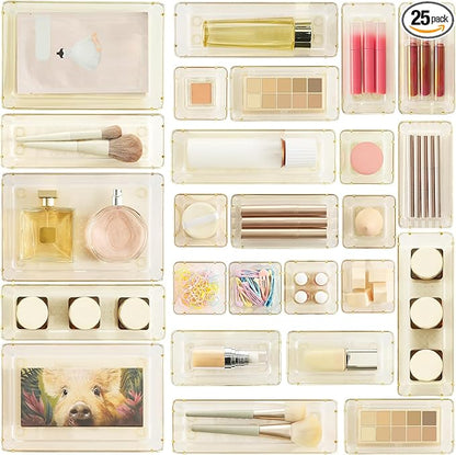 Vtopmart 25 PCS Clear Plastic Drawer Organizers Set, 4-Size Versatile Bathroom and Vanity Drawer Organizer Trays, Storage Bins for Makeup, Bedroom, Kitchen Gadgets Utensils and Office