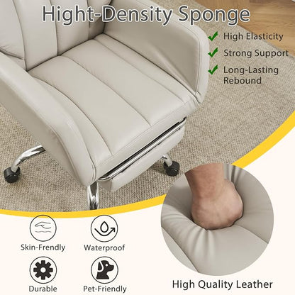 Ergonomic Cross Legged Office Chair with Footrest,Leather Big and Tall Executive Chair with Lumbar Pillow,Reversible Armrest for Pets,155° Reclining Computer Wide Desk Chair for Home,Office, Beige