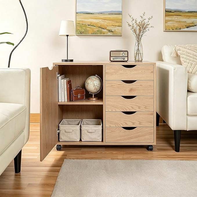5 Drawer Wood Storage cabinets, Chest of Drawers for Home Office, Printer Stand with Adjustable Shelf (Natural)