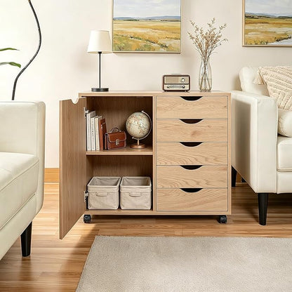5 Drawer Wood Storage cabinets, Chest of Drawers for Home Office, Printer Stand with Adjustable Shelf (Natural)
