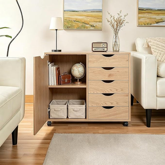 5 Drawer Wood Storage cabinets, Chest of Drawers for Home Office, Printer Stand with Adjustable Shelf (Natural)