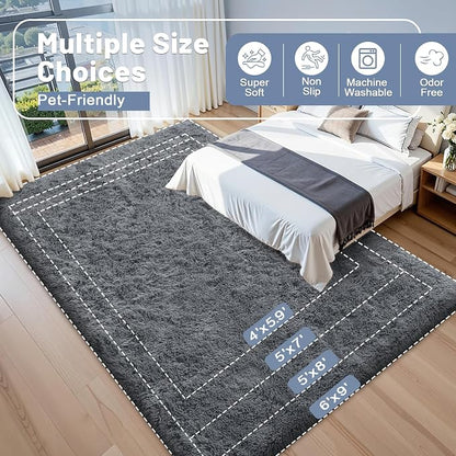 OLANLY 5x5 Area Rugs for Living Room Bedroom, Machine Washable Soft Fluffy Shaggy Bedside Rug, Indoor Floor Carpet for Kids Girls and Boys, Dorms, Nursery Rooms, Home Decor Aesthetic, Grey