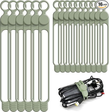 Silicone Cable Ties Cord Organizer for Cable Management, 16PCS 4.2" and 7.1" Reusable Cable Organizer Electronic Accessories for Home, Office, Kitchen, School, Travel (Green)