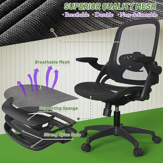 Full Mesh Home Office Desk Chair with Flip Up Arms Height Adjustable Lumbar Support Swivel Wheels for Adult