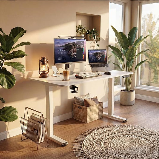 Furmax Electric Standing Desk, 45 x 24 Inches Height Adjustable Sit Stand up Desk, Memory Preset Computer Home Office Desks with Sturdy Metal Frame, Phone Stand Cable Management Hole (White, 45'')