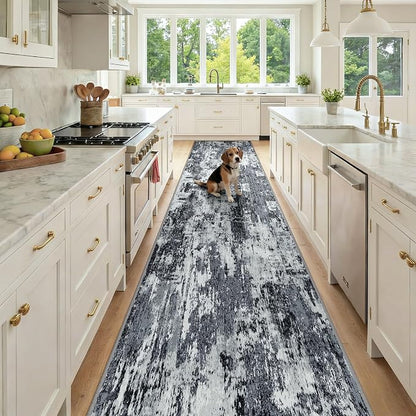 RELEANY Washable Area Rugs 3x12 Non-Slip Modern Abstract Soft for Living Room Entryway Bedroom Kitchen, Print Pattern, Black Navy Blue Gray