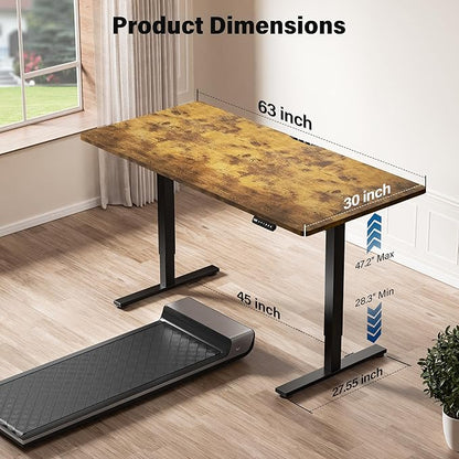 Electric Standing Desk, 63 x 30 Inch Extra Large Desktop, Adjustable Height Sit Stand Desk, Home Office Workstation for Dual & Triple Monitor, Rustic Brown