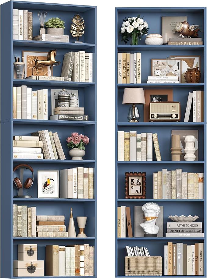 FACBOTALL 82" Tall Bookshelf Set of 2, 7-Tier Double Open Shelves Bookcase,Freestanding Display Storage Shelves, Tall Bookcase Home Decor Furniture for Home Office,Living Room,Bedroom, Blue